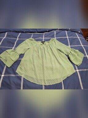 BCX Light Green Polka Dot Peasant Blouse